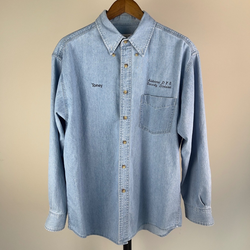 Vintage Sea Palms Hartwell Alabama DYS Security Denim Shirt Mens L Light Wash